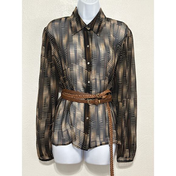 VTG Valerie Stevens Sheer Silk Geo Print Blouse XL Brown Black Fall Trend City - Picture 1 of 16